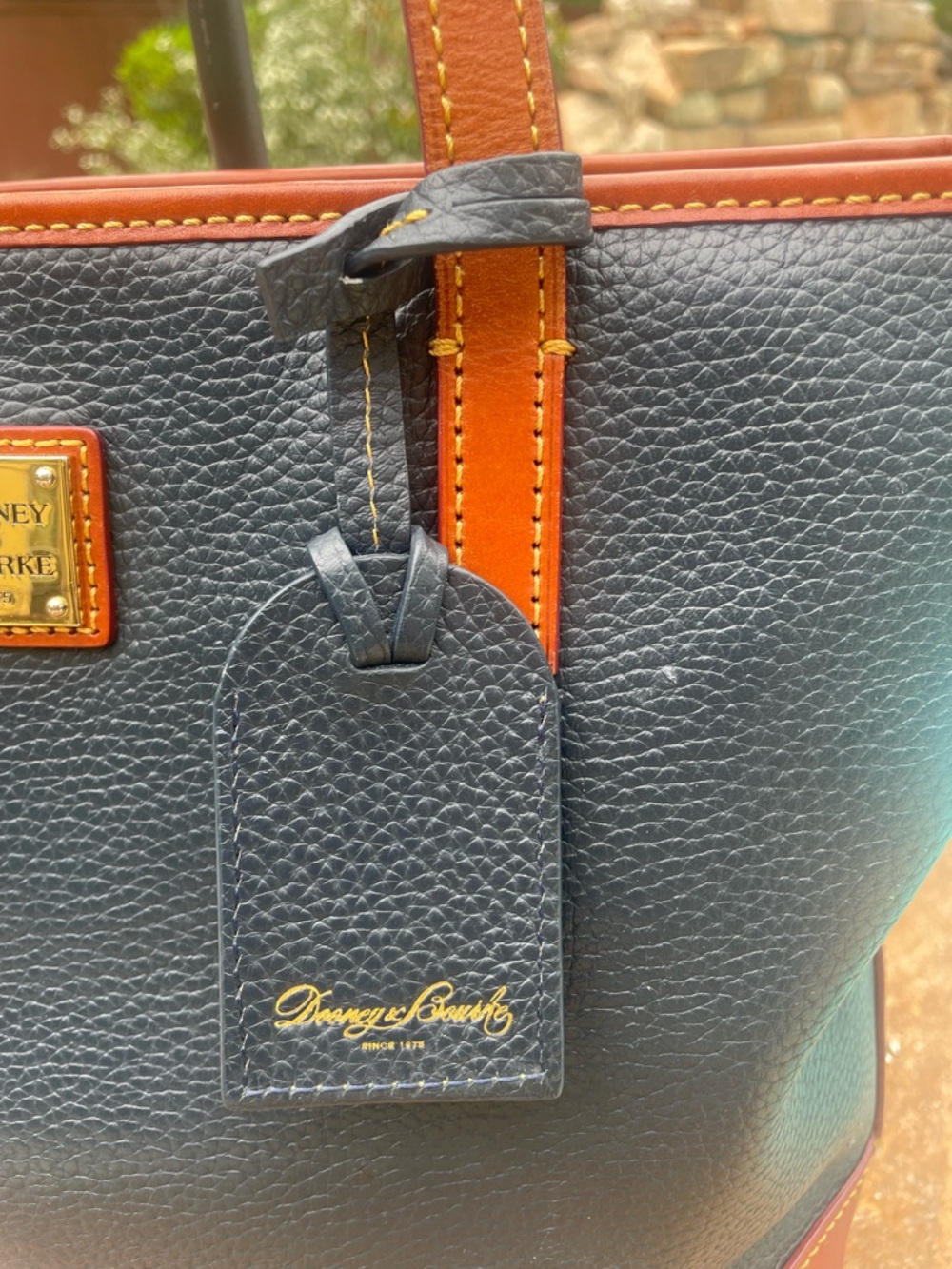 Dooney & Bourke Navy Pebble Grain Leather Tote British Tan Trim and Straps (CSR) - Picture 10 of 15